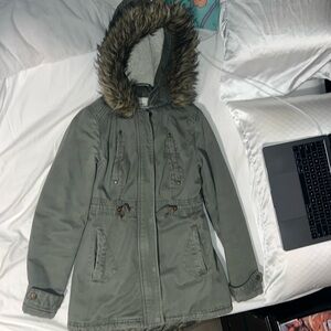 Olive jacket with fur hood
